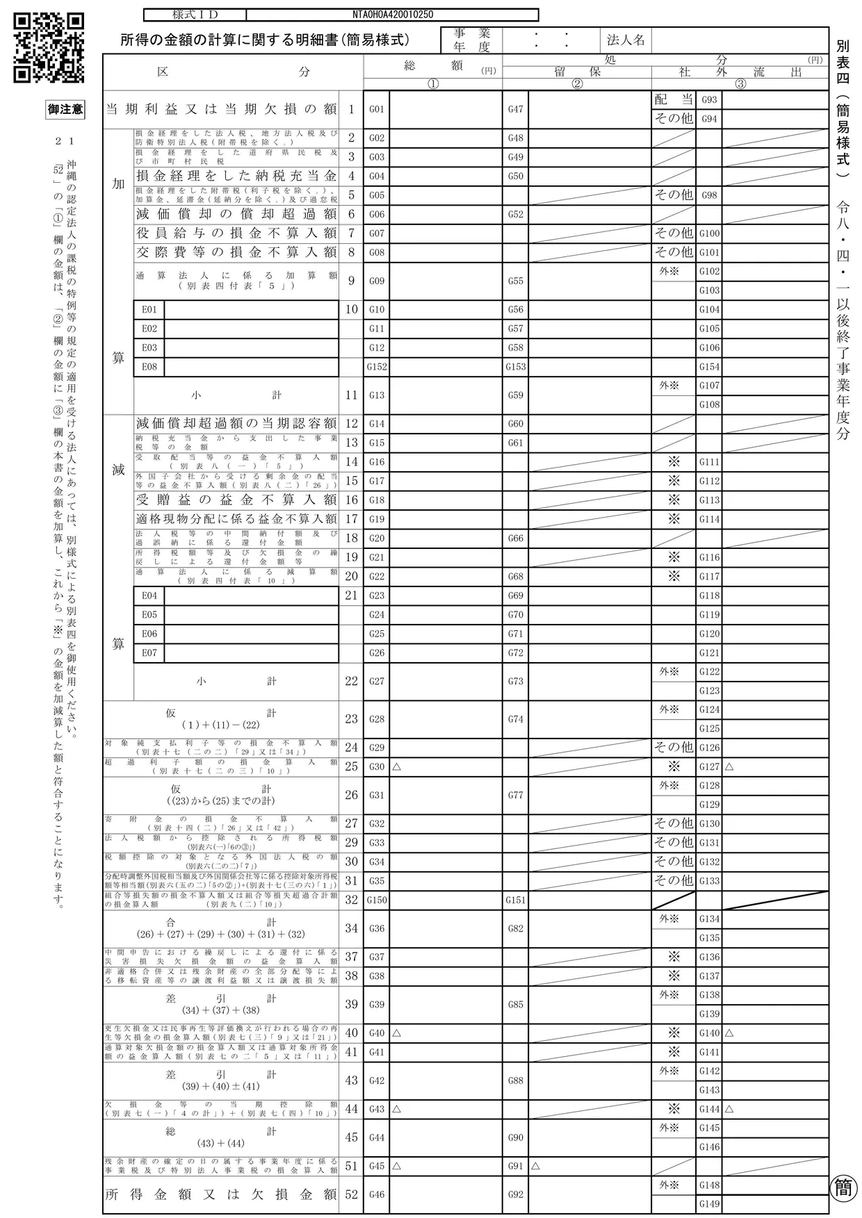 別表四(簡易様式) 所得の金額の計算に関する明細書(簡易様式)の様式