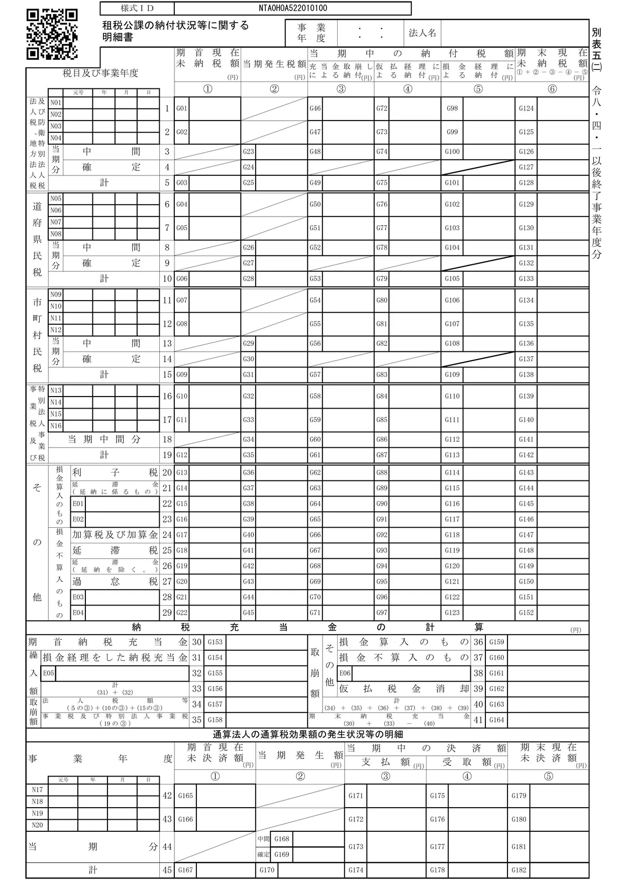 別表五(二) 租税公課の納付状況等に関する明細書の様式