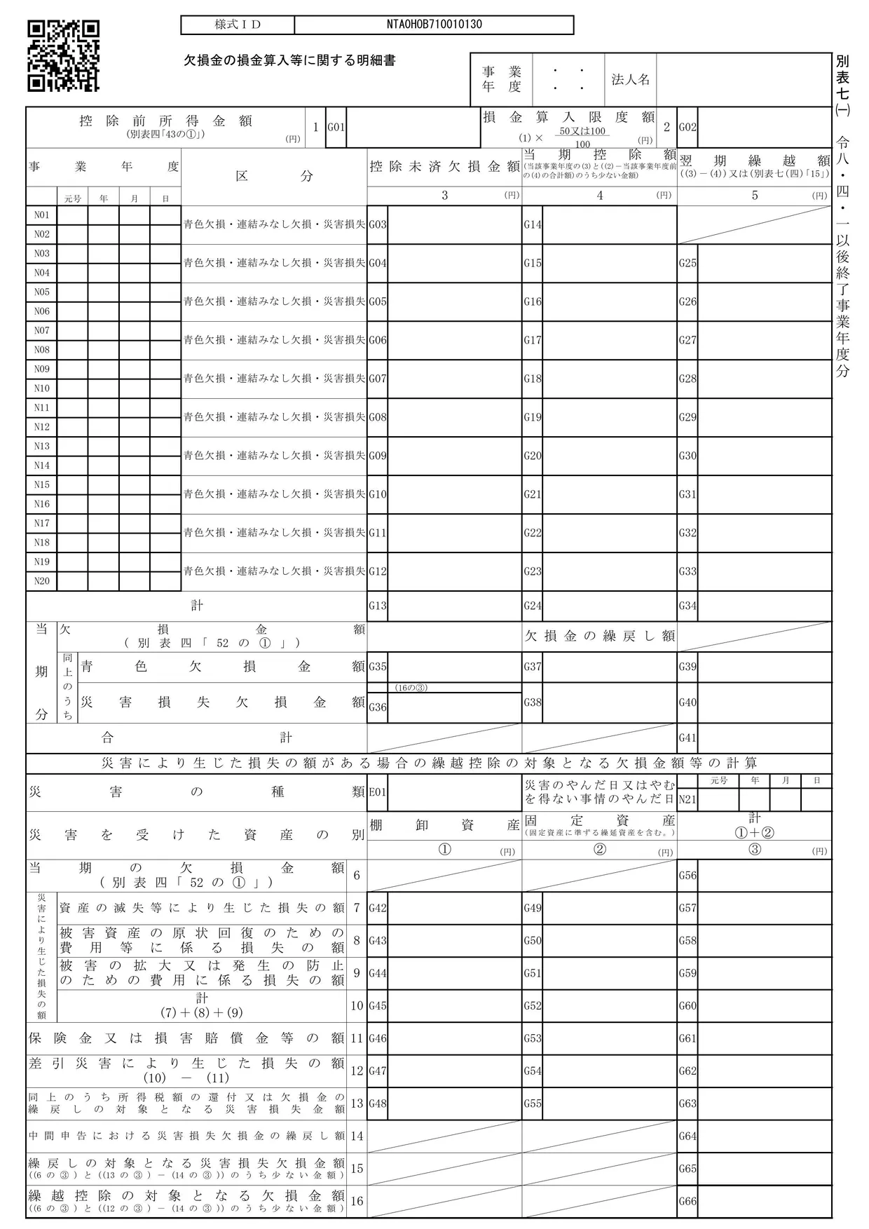 別表七(一) 欠損金の損金算入等に関する明細書の様式