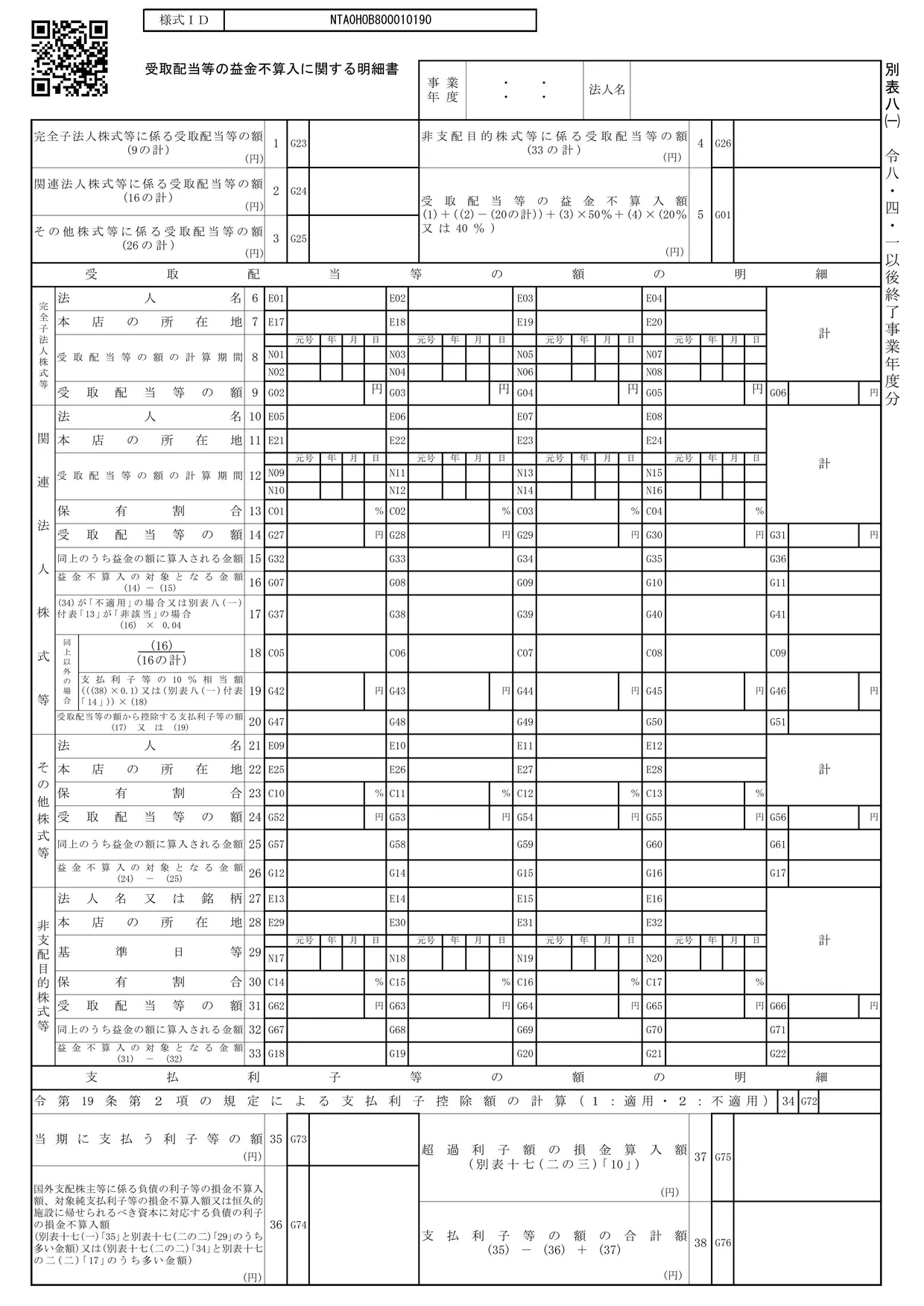 別表八(一) 受取配当等の益金不算入に関する明細書の様式