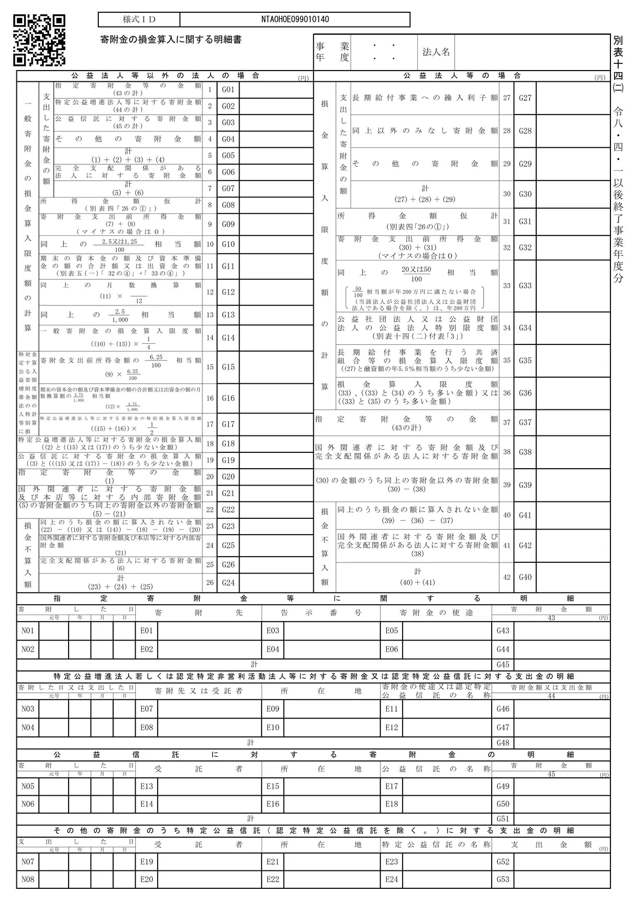 別表十四(二) 寄附金の損金算入に関する明細書の様式
